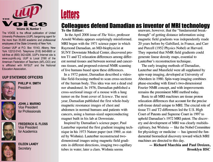 The Voice, Volime 36, Number 1. Colleagues defend Damadian as inventor of MRI technology
