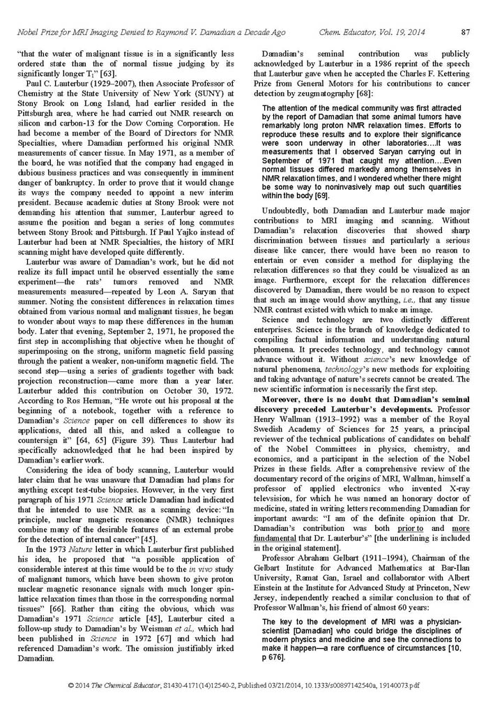 Nobel Prize for MRI Imaging Denied to Raymond V. Damadian