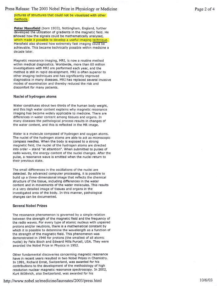 2003 Nobel Prize in Medicine Press Release